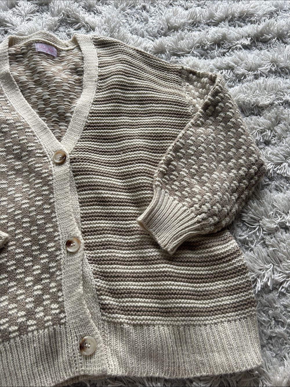 Pink Lily Cream & Taupe Mixed-Stitch V-Neck Button Cardigan - Picture 5 of 6